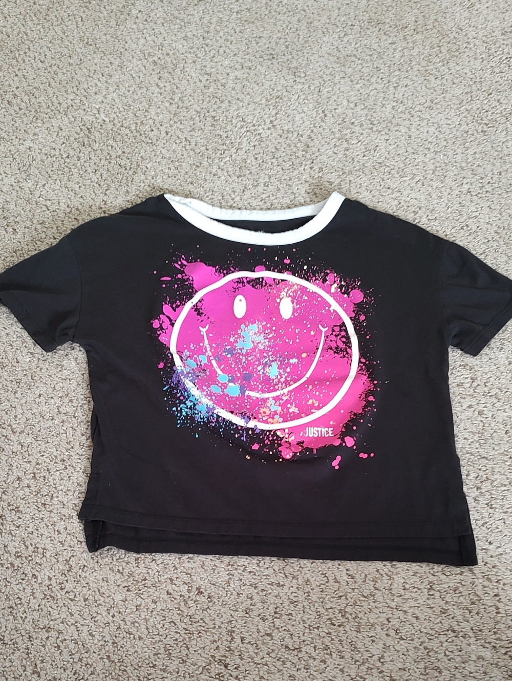 Justice Black Tee with Pink and Blue Paint-Splash Smiley